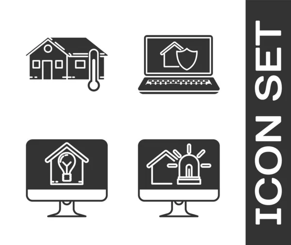 Set Computer monitor with smart house and alarm, House temperature, Computer monitor with smart house and light bulb and Laptop with house under protection icon. Vector — Stock Vector