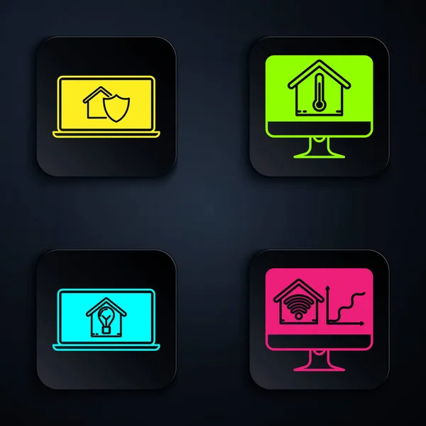 Set Computer monitor with smart home with wi-fi, Laptop with house under protection, Laptop with smart house and light bulb and Computer monitor with house temperature. Black square button. Vector — Stock Vector