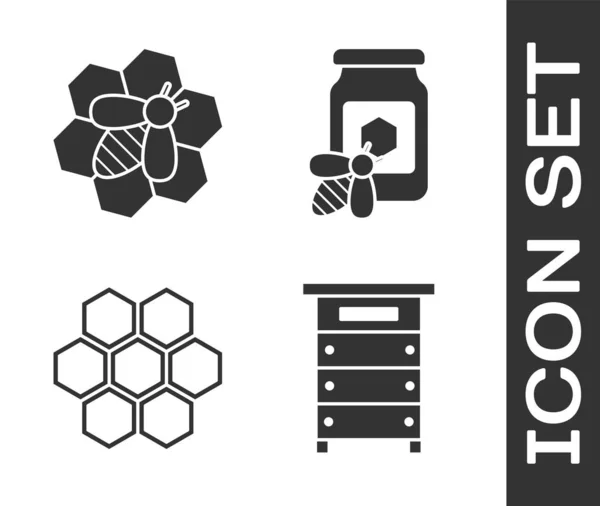 Set Hive for bees, Bee and honeycomb, Honeycomb and Jar of honey with bee icon. Vector — Stock Vector