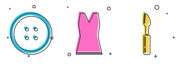 Установить кнопочку шитья для одежды, женское платье и значок инструмента Cutter. Вектор — стоковый вектор