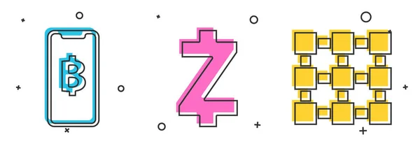 Встановити мобільну і криптовалютну монети Біткоїн, криптовалютну монету Zcash Zec і технологічну ікону Blockchain. Вектор — стоковий вектор