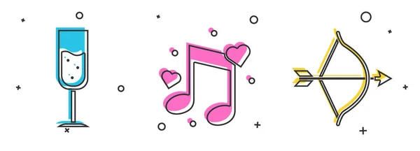 Set Glass of champagne, Music note, tone with hearts and Bow and arrow icon. Vector — 스톡 벡터