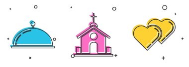 Bir tepsi yiyecek, kilise binası ve İki Bağlı Kalp ikonu ile kaplanmış. Vektör