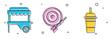 Fast Street yemek arabasını güneşlikli, klasik dart tahtası ve oklu ve kamış ve su ikonlu kağıt camlı ayarla. Vektör