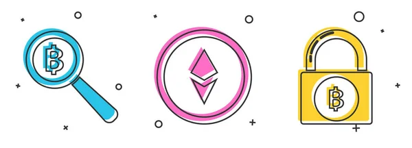 Állítsa nagyító üveg Bitcoin, Cryptocurrency érme Ethereum Eth és zár bitcoin ikon. Vektor — Stock Vector