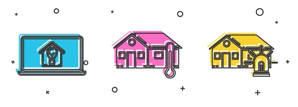 Set Laptop with smart house and light bulb, House temperature and Smart house and alarm icon. Vector — 스톡 벡터