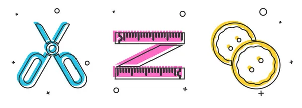 Set de tijeras, cinta métrica y botón de costura para icono de la ropa. Vector — Vector de stock