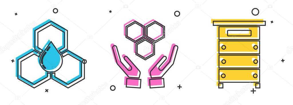 Set Honeycomb, Honeycomb and hands and Hive for bees icon. Vector