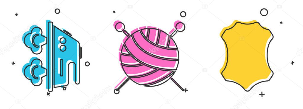 Set Electric iron, Yarn ball with knitting needles and Leather icon. Vector