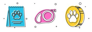 Set Bag of food for dog, Retractable cord leash with carabiner and Paw print icon. Vector