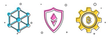 Set Blockchain technology, Shield Ethereum ETH and Cryptocurrency coin Bitcoin icon. Vector