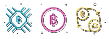 Set CPU mining farm, Cryptocurrency coin Bitcoin and Cryptocurrency exchange icon. Vector
