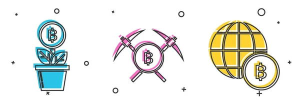 Установите завод Bitcoin в банк, Crossed pickaxe and Globe и значок криптовалютной монеты Bitcoin. Вектор — стоковый вектор