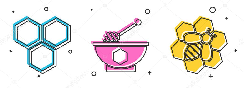 Set Honeycomb, Honey dipper stick and bowl and Bee and honeycomb icon. Vector