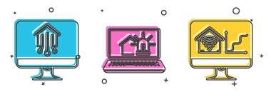 Set Computer monitor with smart home, Laptop with smart house and alarm and Computer monitor with smart home with wi-fi icon. Vector