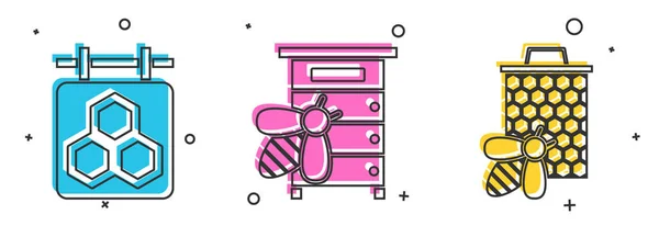Signe suspendu avec nid d'abeille, ruche pour abeilles et abeille et icône en nid d'abeille. Vecteur — Image vectorielle