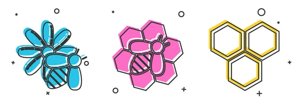 Set Bee and flower, Bee and honeycomb and Honeycomb icon. Vector — Stock Vector