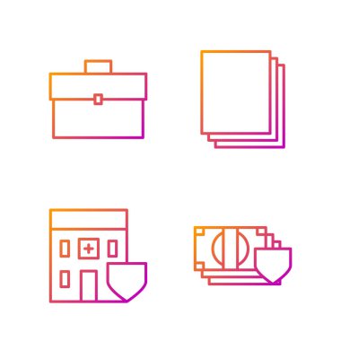 Kalkanlı para hattı, kalkanlı hastane binası, evrak çantası ve temiz kağıt. Renk simgeleri. Vektör