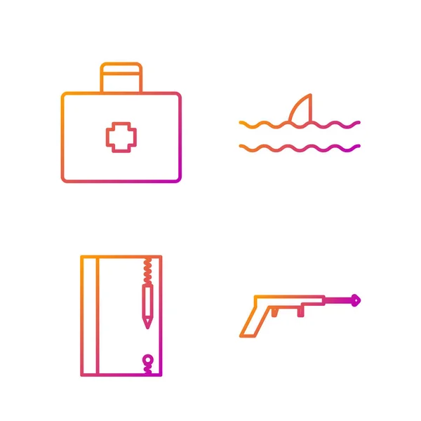 Set line Fishing harpoon, Underwater note book and pencil, First aid kit and Shark fin in ocean wave. Gradient color icons. Vector — Stock Vector