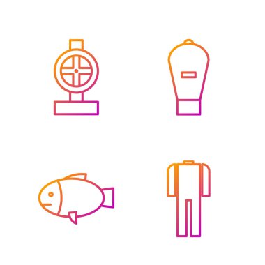 Tüplü dalış, Fish, Industry metalik borular, valf ve kaldırma çantası için boru takımı hazırlayın. Renk simgeleri. Vektör