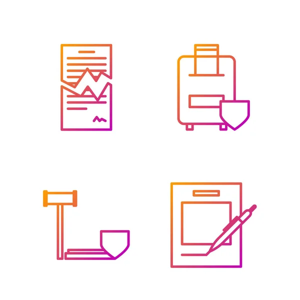 Set line Blank notebook and pen, Judge gavel with shield, Torn contract and Traveling baggage insurance. Gradient color icons. Vector — Stock Vector