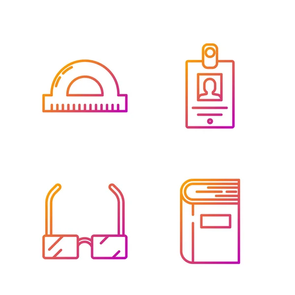 Réglez le livre de ligne, les lunettes, la grille de rapporteur pour mesurer des degrés et l'insigne d'identification. Icônes de couleurs dégradées. Vecteur — Image vectorielle