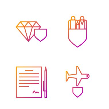 Çizgiyi kalkanla, sözleşmeyi kalemle, elması kalkanla ve aile sigortasını kalkanla ayarla. Renk simgeleri. Vektör