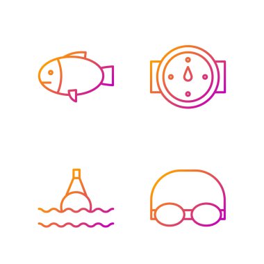 Yüzmek için gözlük ve kep, denizde yüzen şamandıra, balık ve rüzgar yükseldi. Renk simgeleri. Vektör