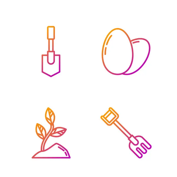 Gartenharke, Sprosse, Schaufel und Hühnerei in Reihe stellen. Farbverlauf-Symbole. Vektor — Stockvektor