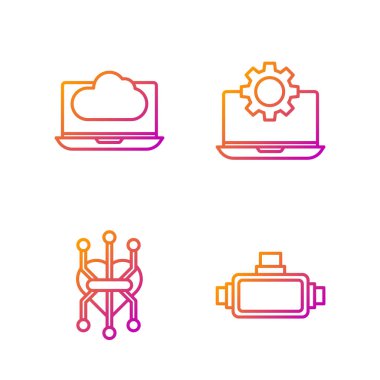 Sanal gerçeklik gözlükleri, işlemci, bulut teknolojisi veri transferi, depolama, dizüstü bilgisayar ve teçhizatı ayarla. Renk simgeleri. Vektör