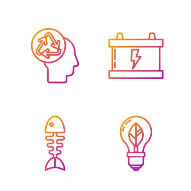 Ampulü yaprakla, balık iskeletini geri dönüşümlü insan kafasını ve araba aküsünü ayarlayın. Renk simgeleri. Vektör