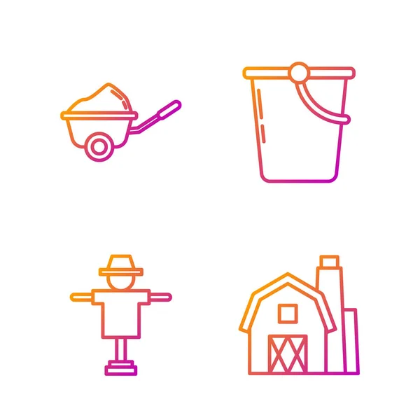 Set line Farm House concepto, espantapájaros, carretilla con suciedad y cubo. Iconos de color degradado. Vector — Archivo Imágenes Vectoriales