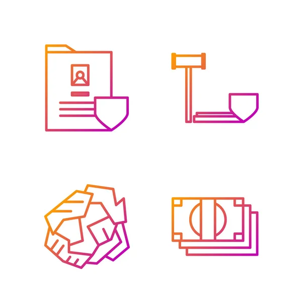 Set line Stacks paper money cash, Crumpled paper ball, Document with shield and Judge gavel with shield. Gradient color icons. Vector — 스톡 벡터