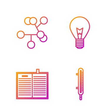 Meteoroloji termometresi, açık bilim kitabı, molekül ve ampulü fikir kavramına göre ayarla. Renk simgeleri. Vektör