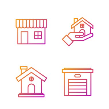 Garage, House, Shopping Building veya Market ve Emlakçı. Renk simgeleri. Vektör