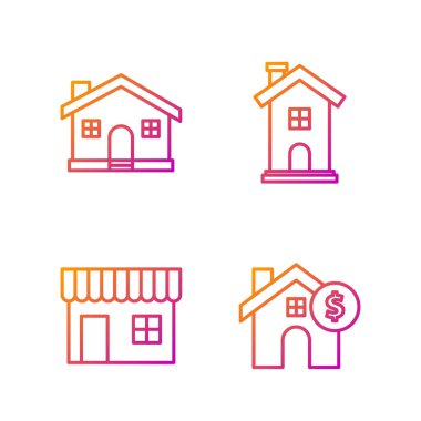 Evi dolar sembollü olarak ayarla, alışveriş binası ya da market, Ev ve Ev sembolü. Renk simgeleri. Vektör