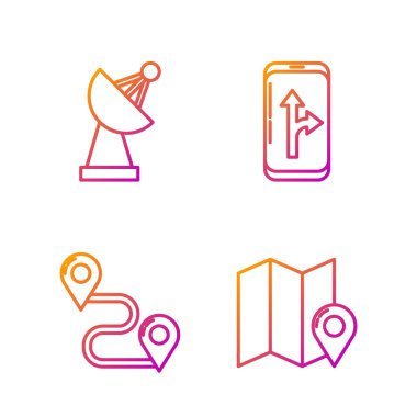 Çizgiyi konum işaretleyicisi, rota konumu, Radar ve şehir haritası navigasyonunun Infographic ile ayarla. Renk simgeleri. Vektör