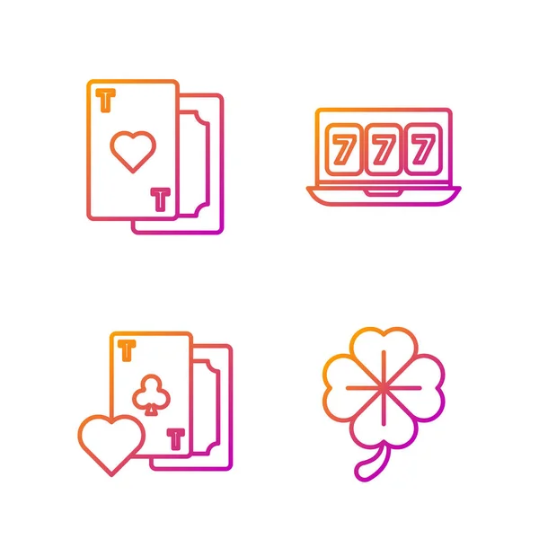 Set line Four leaf clover, Playing card with clubs symbol, Playing card with heart and Online slot machine with lucky sevens jackpot. Gradient color icons. Vector — 스톡 벡터