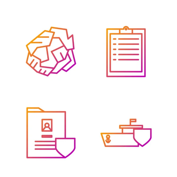 Set line Ship with shield, Document with shield, Crumpled paper ball and Clipboard with checklist. Gradient color icons. Vector — 스톡 벡터