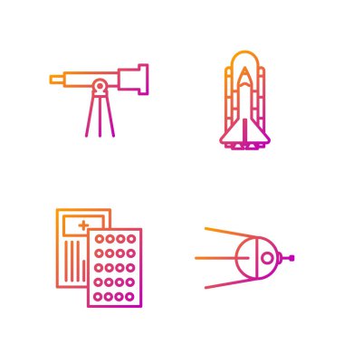 Uydu hattı, su toplayan haplar, teleskop, uzay mekiği ve roketler. Renk simgeleri. Vektör