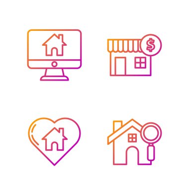 Hattı ayarla arama evi, kalp şeklinde bir ev, akıllı evi olan bir bilgisayar monitörü ve dolar sembollü bir ev. Renk simgeleri. Vektör