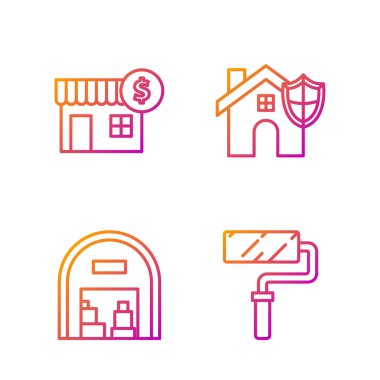 Çizgi boyası silindirli fırça, Depo dolar sembollü ev ve kalkanlı ev. Renk simgeleri. Vektör