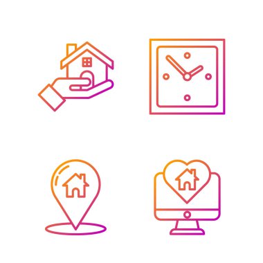 Kalp şeklinde bir evi olan hat monitörünü, ev, emlakçı ve saati olan harita işaretçisini ayarla. Renk simgeleri. Vektör