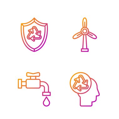 İnsan kafasını geri dönüşüm, su musluğu, kalkanın içindeki geri dönüşüm sembolü ve rüzgar türbini ile ayarla. Renk simgeleri. Vektör