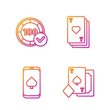 Set çizgisi Maça oyunu, Online poker masası oyunu, Kumarhane fişleri ve yürekli iskambil kartları. Renk simgeleri. Vektör