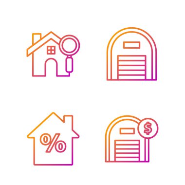 Depo 'ya dolar sembolü, indirimli etiketli ev, arama evi ve depo ayarla. Renk simgeleri. Vektör