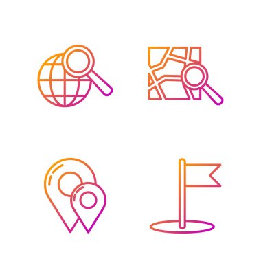 Çizgi Bayrağı, Harita iğnesi, küresel büyüteç ve konum işaretleyicili katlanmış harita ayarla. Renk simgeleri. Vektör