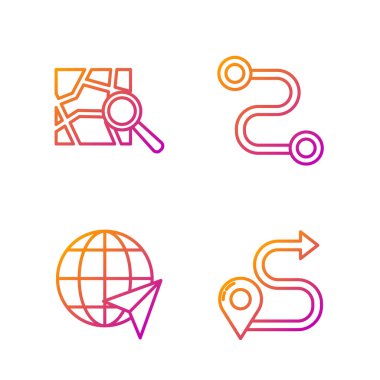 Hat güzergahını, dünyanın konumunu, konum işaretleyicisi ve rotası olan katlanmış haritayı ayarla. Renk simgeleri. Vektör