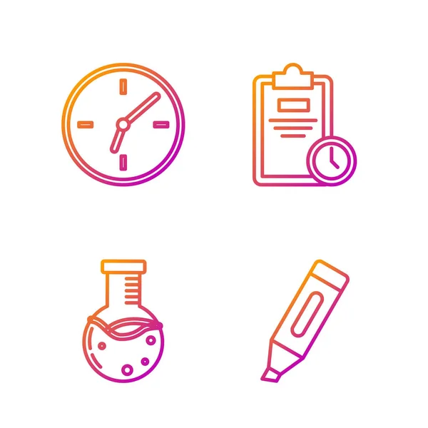 Definir linha caneta marcador, tubo de ensaio e frasco laboratório químico, Relógio e folha de exame com relógio. Ícones de cores gradientes. Vetor — Vetor de Stock