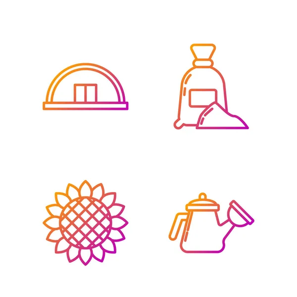 Set Line Gießkanne, Sonnenblume, Hangar und Mehlsack. Farbverlauf-Symbole. Vektor — Stockvektor